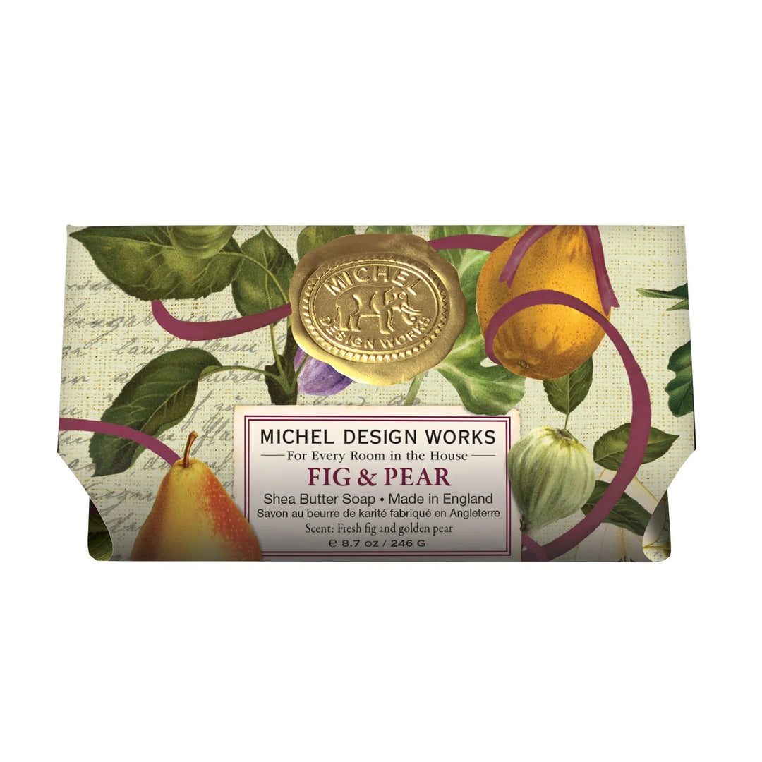 Fig &amp; Pear Large Bath Soap Bar in decorative packaging with fig and pear illustrations and gold embossed seal, 8.7 oz / 246 g.