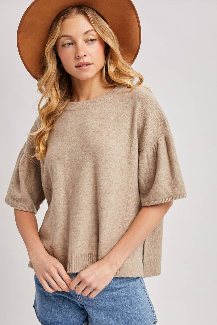 Gathered short sleeve boxy knit sweater top in tan heathered knit with crew neckline, latte, M/L.