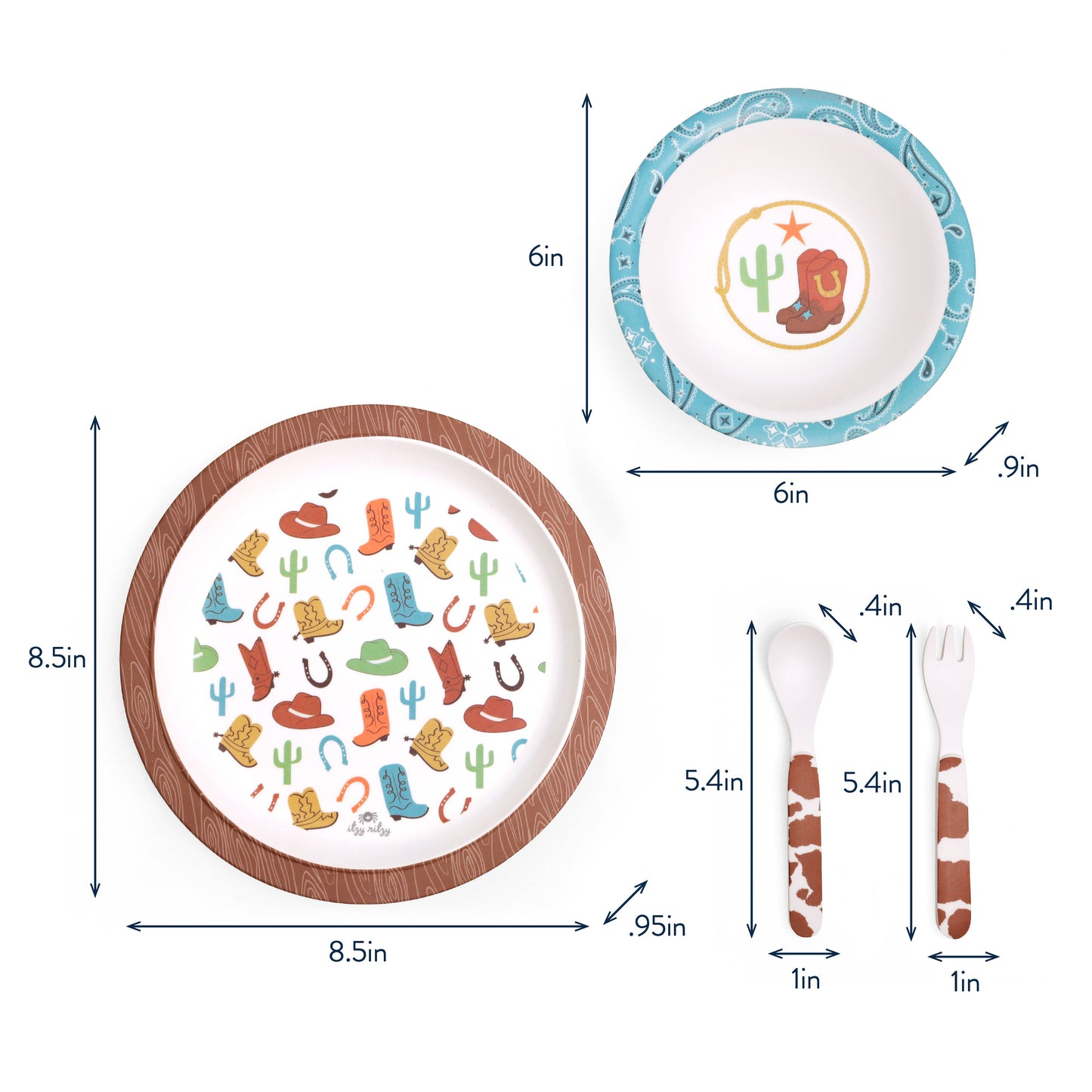 Cowboy-themed BPA-free melamine set: 8.5" plate, 6" bowl, 4.1" spoon, 4.2" fork with hats, boots, cacti, horseshoes prints.