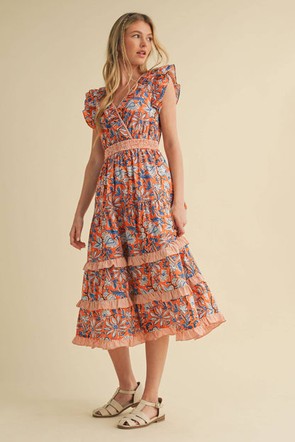 Mixed Floral Print Ruffle Trim Midi Dress with ruffled sleeves, tiered skirt, smocked waistband. Sizes: XS-XL.