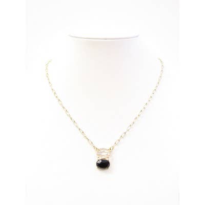 Dulla Clear Black Necklace with an oval pendant and central black stone; available in 16", 18", and 20" lengths.