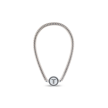 Silver beaded necklace with round “T” pendant and decorative border. Available in 16", 18", and 20" sizes.
