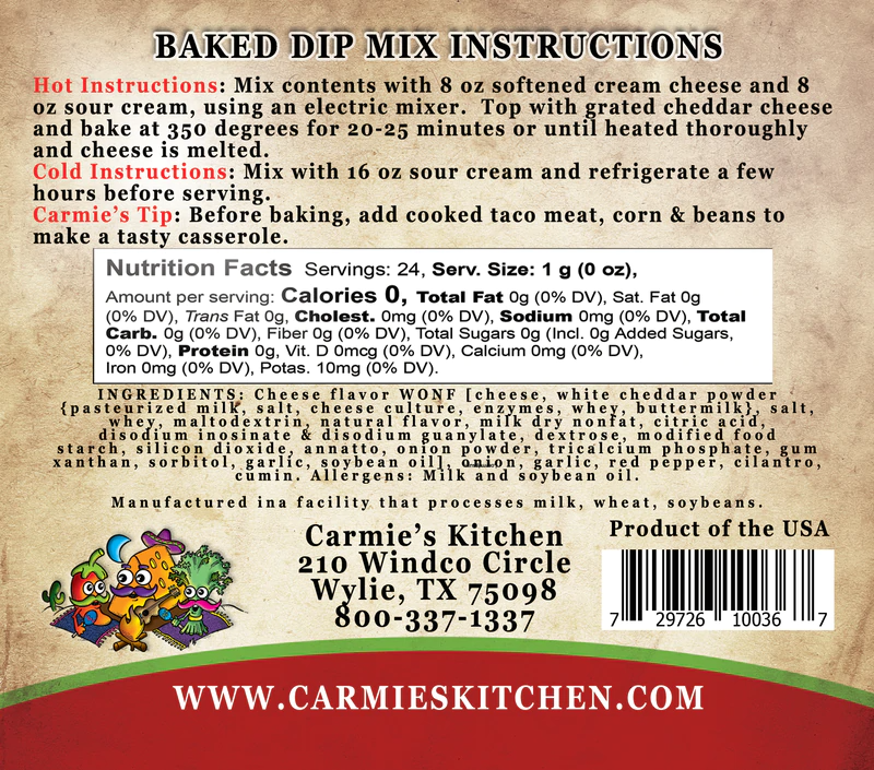 Baked Enchilada Dip Mix label with prep directions, nutrition facts, ingredients, allergen info, contact details, and barcode.