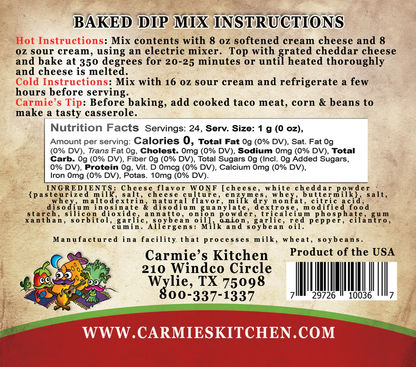 Baked Enchilada Dip Mix label with prep directions, nutrition facts, ingredients, allergen info, contact details, and barcode.
