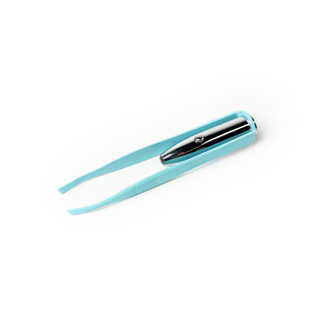 Light blue LED tweezer with built-in spotlight for eyebrow grooming; available in standard size.