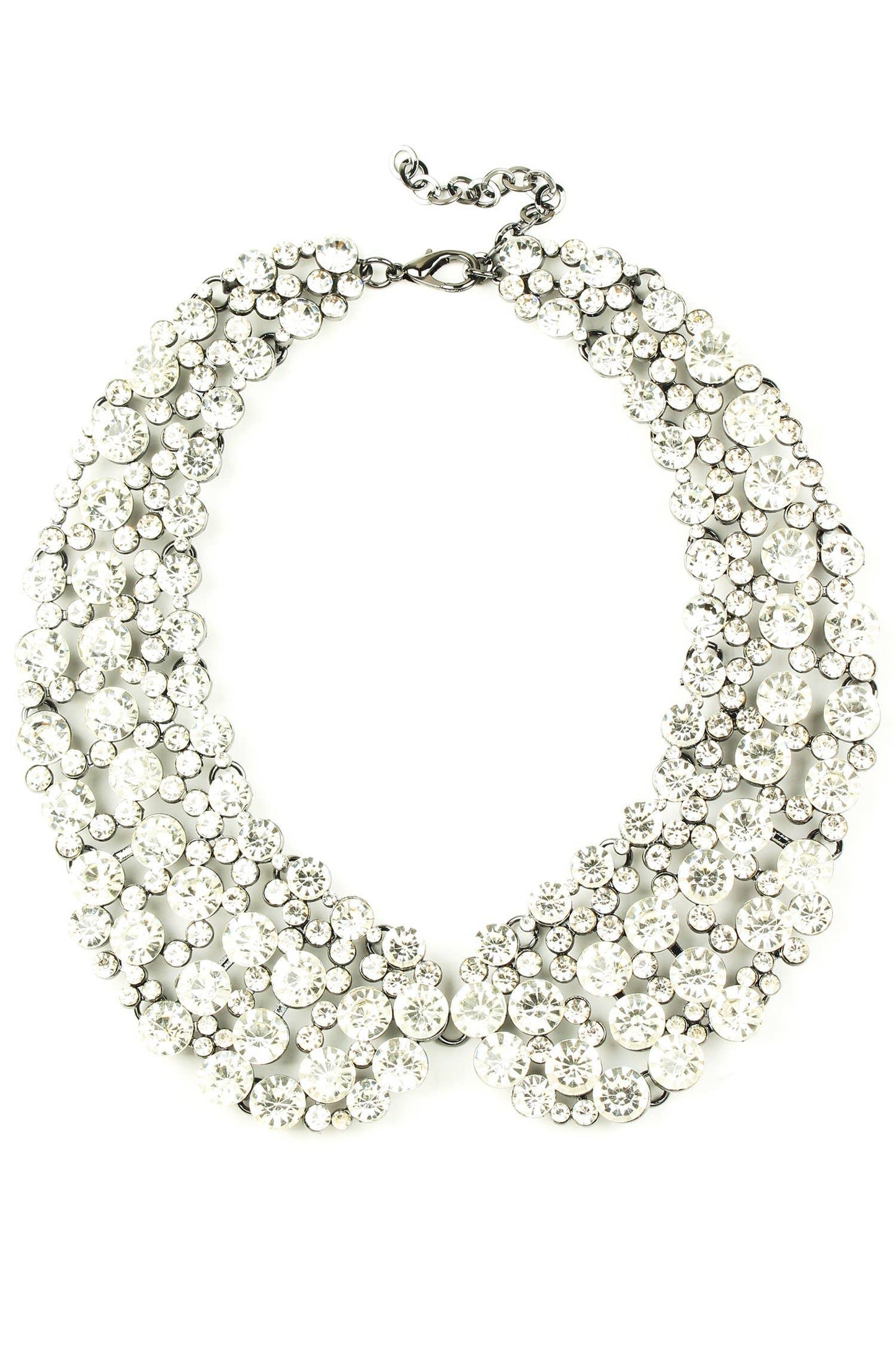 The Diana Collar Necklace: Crystal features multiple rows of clear round rhinestones in a floral cluster pattern, with a silver chain and adjustable clasp. Available in various sizes.