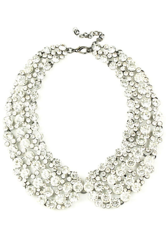 The Diana Collar Necklace: Crystal features multiple rows of clear round rhinestones in a floral cluster pattern, with a silver chain and adjustable clasp. Available in various sizes.