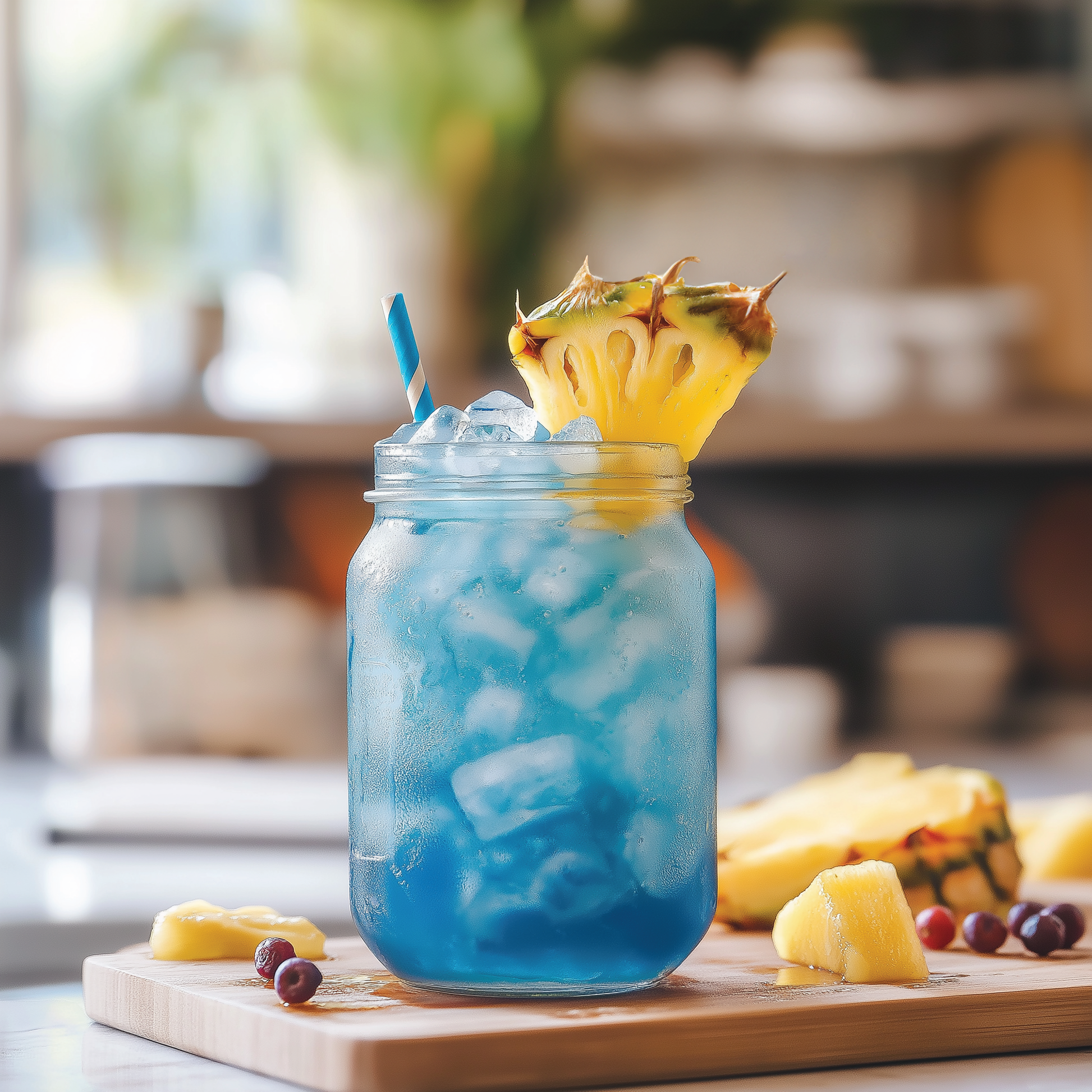 Blue iced drink in mason jar with pineapple garnish and blue straw, made with Sugar Free Mermaid™. Available in 16oz, 24oz.