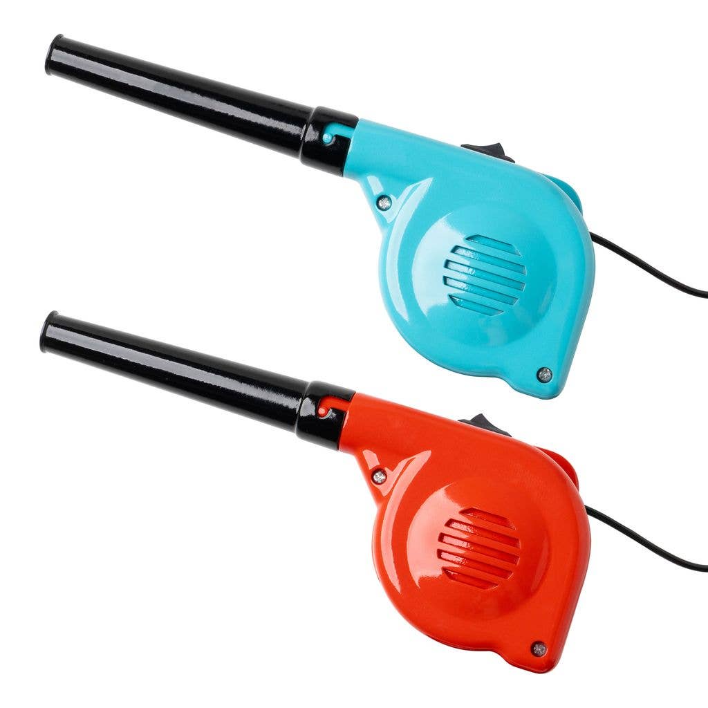 Blue and red USB desktop blowers with black nozzles and power cords. Available in small and large sizes.
