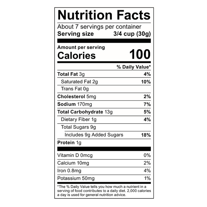 Cappuccino Popcorn nutrition label: 7 servings, 3/4 cup (30g) per serving, 100 calories; fat, sodium, carbs, protein details.