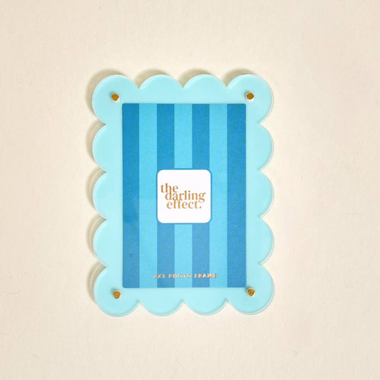 Mini Acrylic Picture Frame Magnet–Blue with scalloped edge, vertical stripes, and "the darling effect" card. Size: mini.