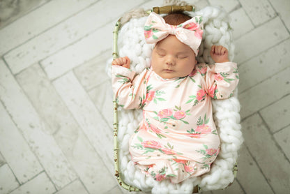 Pink Rose Baby Gown and Bow Headband Set, available in NB-12M, shown in pink floral pattern.
