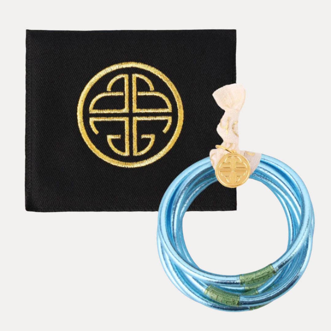 Azure All Weather Bangles® Set of 6: blue coils, green beads, gold charm. Available sizes: S/M/L.