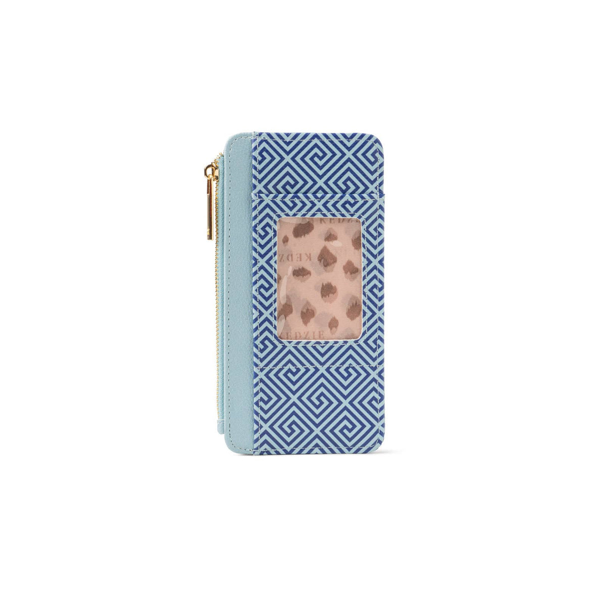 Blue and light blue vegan leather zippered wallet with geometric pattern, gold zipper, transparent ID slot, zippered cash pocket, and cheetah print interior. Sizes available: not specified.