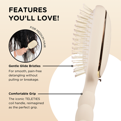 A tan Detangler Hair Brush for medium and thick hair is shown, featuring highlighted text: “Gentle Glide Bristles” and “Comfortable Grip.” Available in sizes suitable for medium or thick hair.