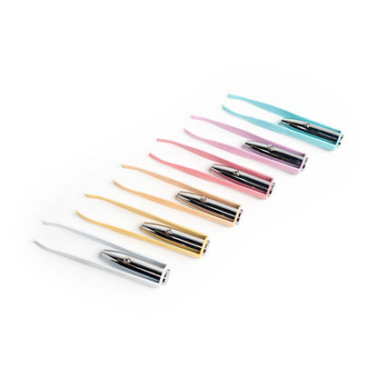 Lemon Lavender Light Up Tweezers, metallic tips, colored handles (white, yellow, peach, pink, blue), precision grip. Sizes: S/M/L.