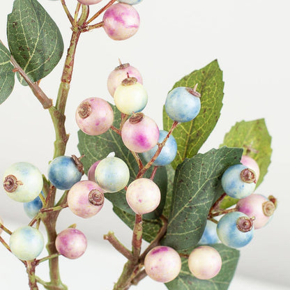 19″ Artificial Spring Mix Plump Pastel Berries Stem with soft blue, pink, and cream berries and dark green leaves. Size: 19″.