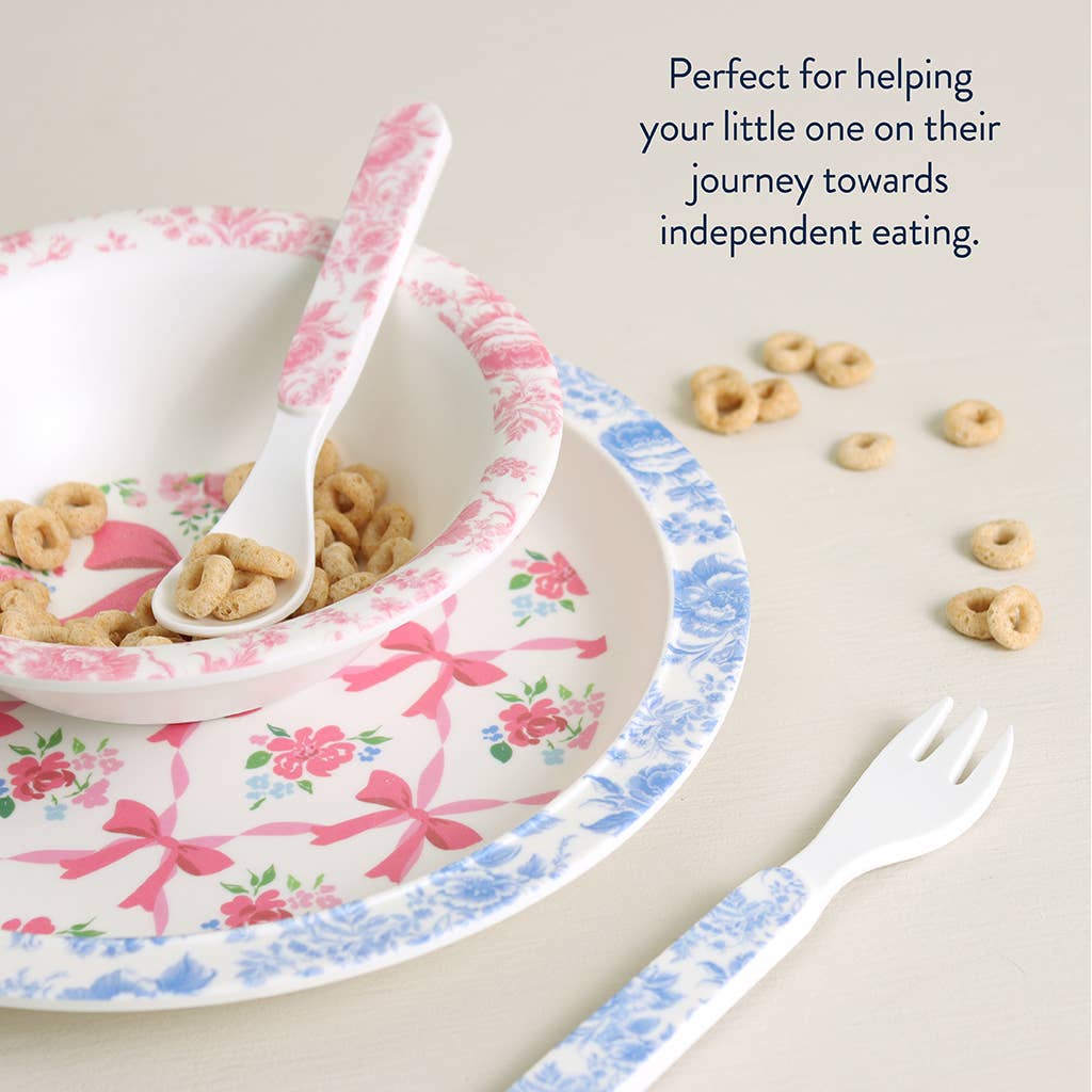 Itzy Bistro 4-Piece Dining Set: floral bowl, plate, spoon, fork; BPA-free melamine; available in toddler size.