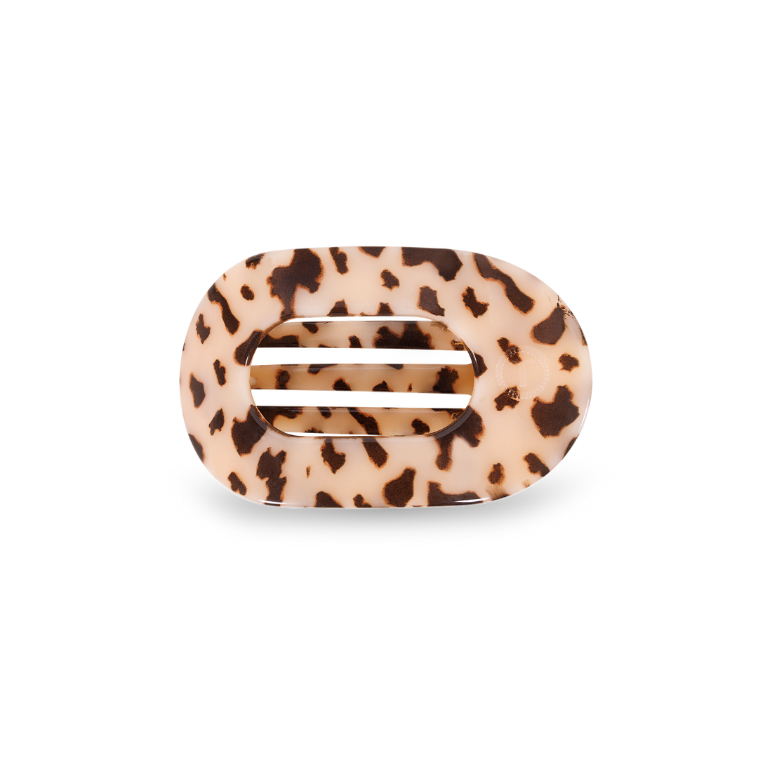 Beige and brown tortoiseshell TELETIES Flat Round Hair Clip with a rectangular cutout. Available in small, medium, large.