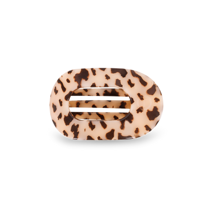 Beige and brown tortoiseshell TELETIES Flat Round Hair Clip with a rectangular cutout. Available in small, medium, large.