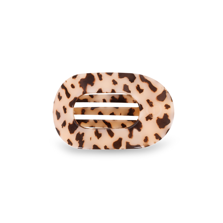 Beige and brown tortoiseshell TELETIES Flat Round Hair Clip with a rectangular cutout. Available in small, medium, large.
