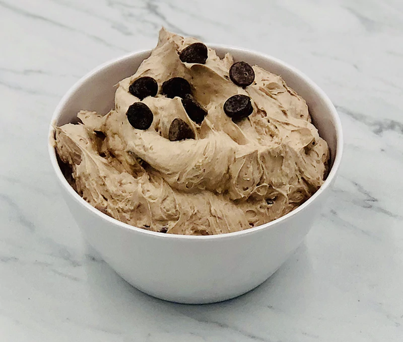 Creamy, light brown Chocolate Chip Cookiedough Cheesecake Dip with chocolate chips. All-natural. Available in 8oz and 16oz sizes.