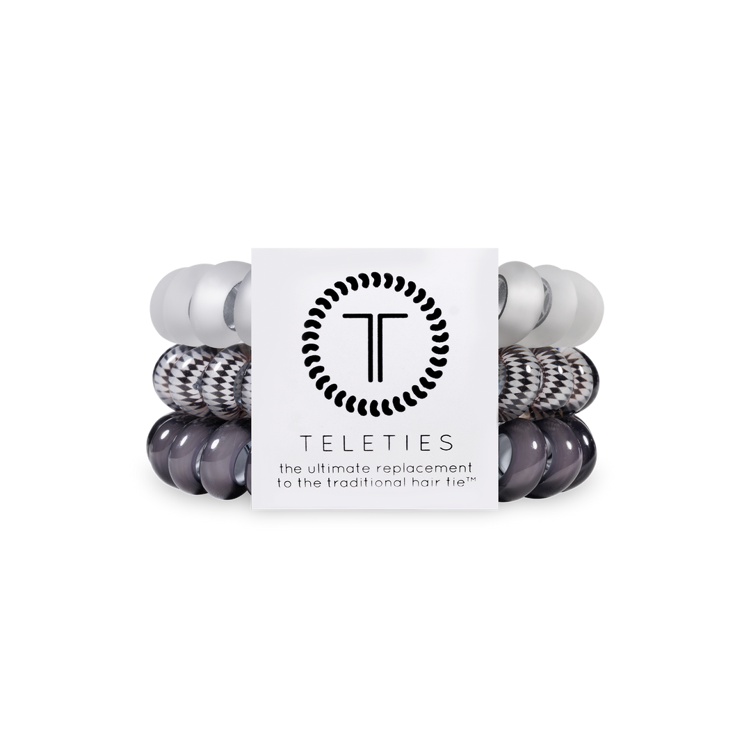 Set of five large Spiral Hair Coils in gray and black shades, Silver Flames design, strong grip.