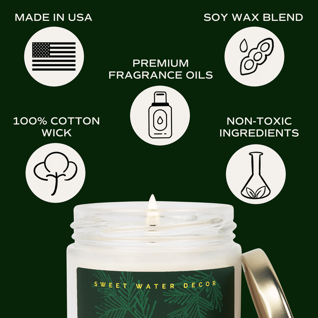 Christmas 9 oz soy candle in a glass jar, featuring Made in USA, soy wax blend, premium fragrance oils, 100% cotton wick, and non-toxic ingredients.