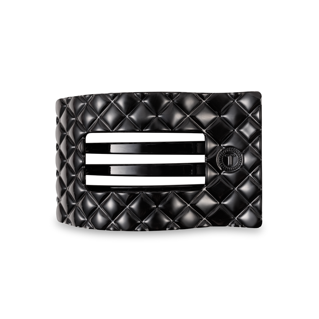 TELETIES Flat Rectangle Hair Clip in black, quilted pattern, sleek lines. Available in small and large sizes.