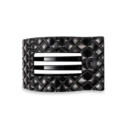 TELETIES Flat Rectangle Hair Clip in black, quilted pattern, sleek lines. Available in small and large sizes.