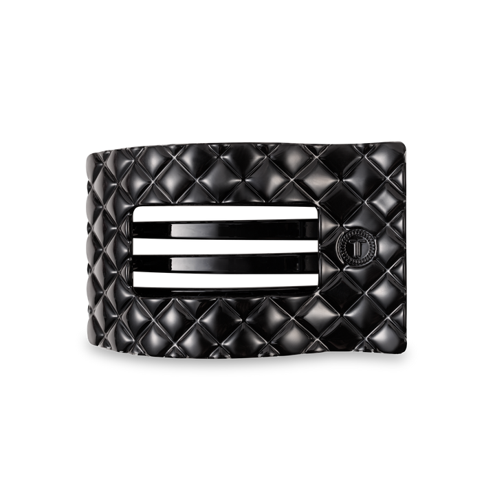 TELETIES Flat Rectangle Hair Clip in black, quilted pattern, sleek lines. Available in small and large sizes.