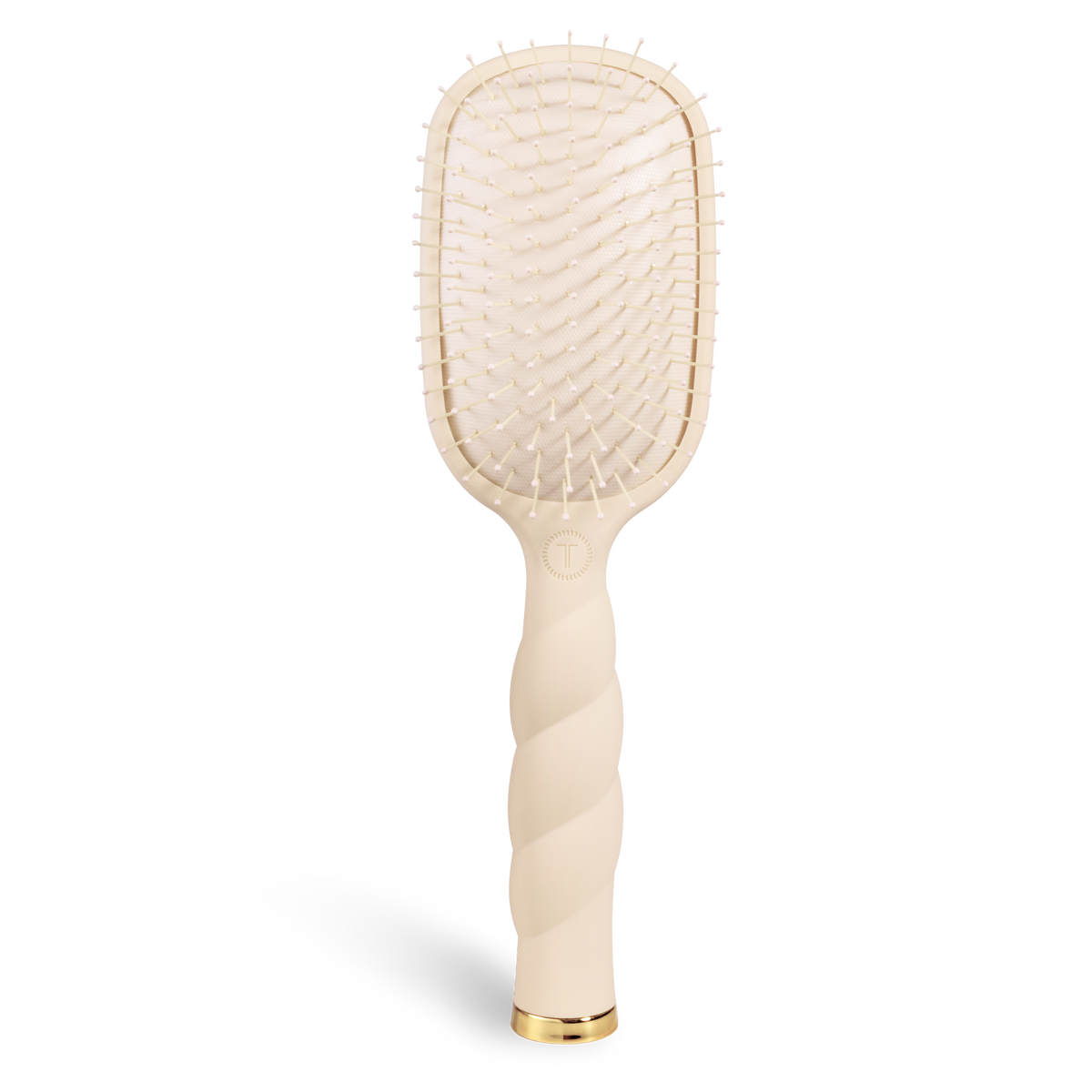 Tan Detangler Hair Brush for Medium Hair with a twisted beige handle, white bristles, and gold accent at the base. Available in medium size.