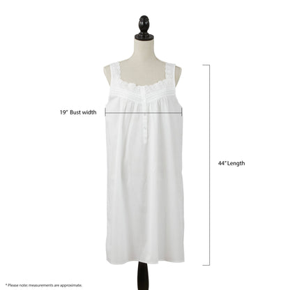 White cotton scoop neck nightgown with lace trim, sleeveless. 19" bust, 44" length. Sizes available: not specified.