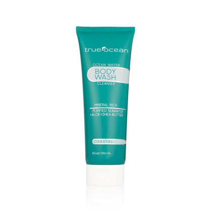 True Ocean Body Wash, teal tube, 8.5 oz. Mineral-rich with seawater, aloe, and shea butter. Fresh coastal scent.