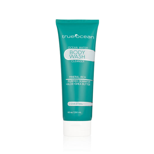 True Ocean Body Wash, teal tube, 8.5 oz. Mineral-rich with seawater, aloe, and shea butter. Fresh coastal scent.
