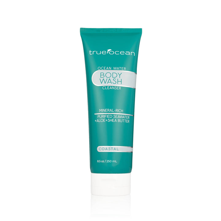 True Ocean Body Wash, teal tube, 8.5 oz. Mineral-rich with seawater, aloe, and shea butter. Fresh coastal scent.