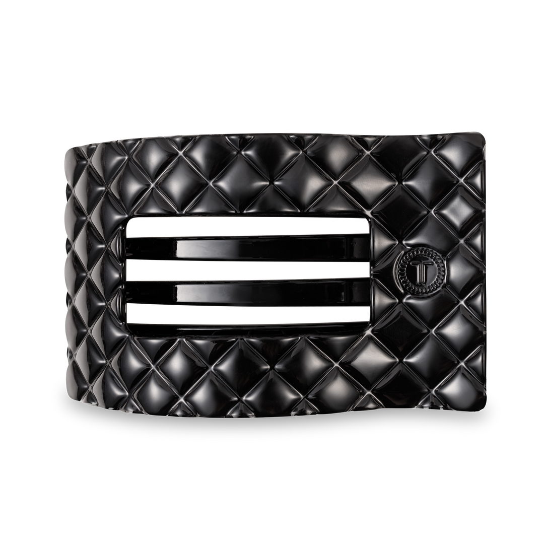 Glossy black TELETIES Flat Rectangle Hair Clip with quilted pattern, two center slits, circular button. Available in multiple sizes.