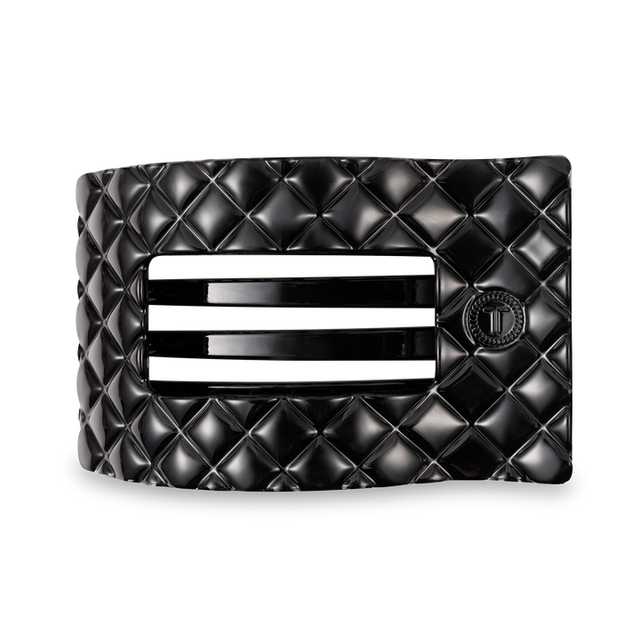Glossy black TELETIES Flat Rectangle Hair Clip with quilted pattern, two center slits, circular button. Available in multiple sizes.