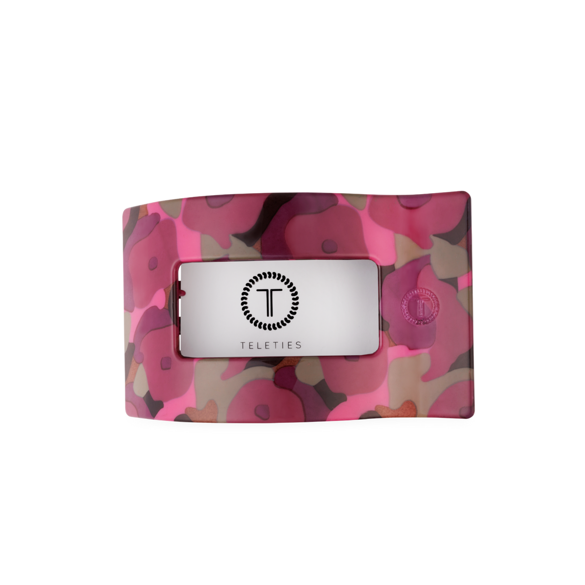 Medium flat rectangular hair clip with wavy design, pink and purple floral pattern, and a central clear window showing the black TELETIES logo. Available in medium size.