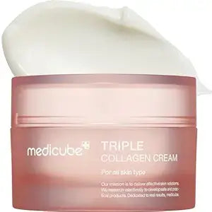 Pink MEDICUBE Triple Collagen Cream jar with lid off, showing thick white cream. Available in 50ml and 70ml sizes.