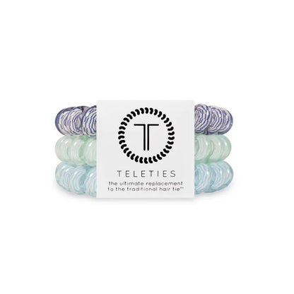 Set of three TELETIES Hair Ties in blue, teal, and lavender. Available in small, medium, and large sizes.