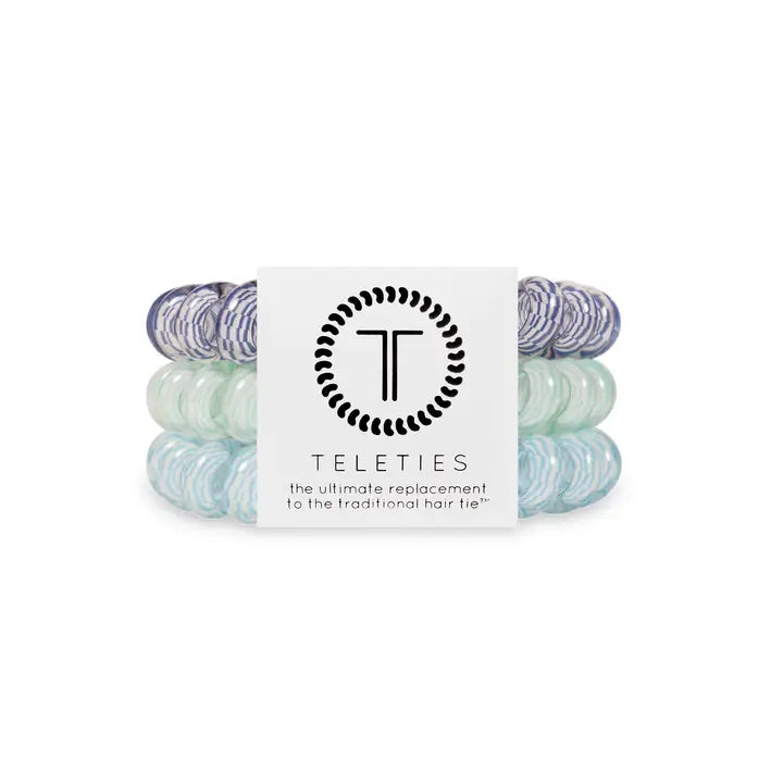 Set of three TELETIES Hair Ties in blue, teal, and lavender. Available in small, medium, and large sizes.