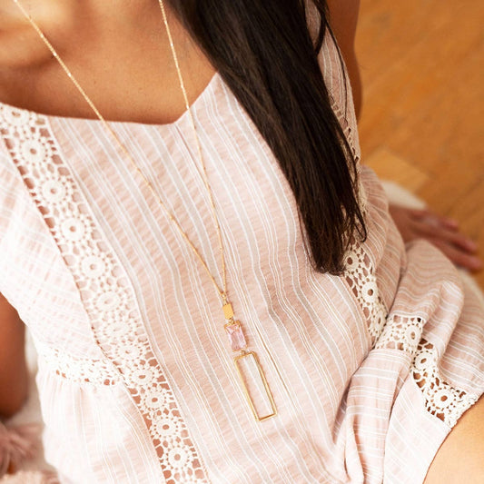 Pink Street Chic Necklace with rectangular gold pendants. Available sizes: Small, Medium, Large.