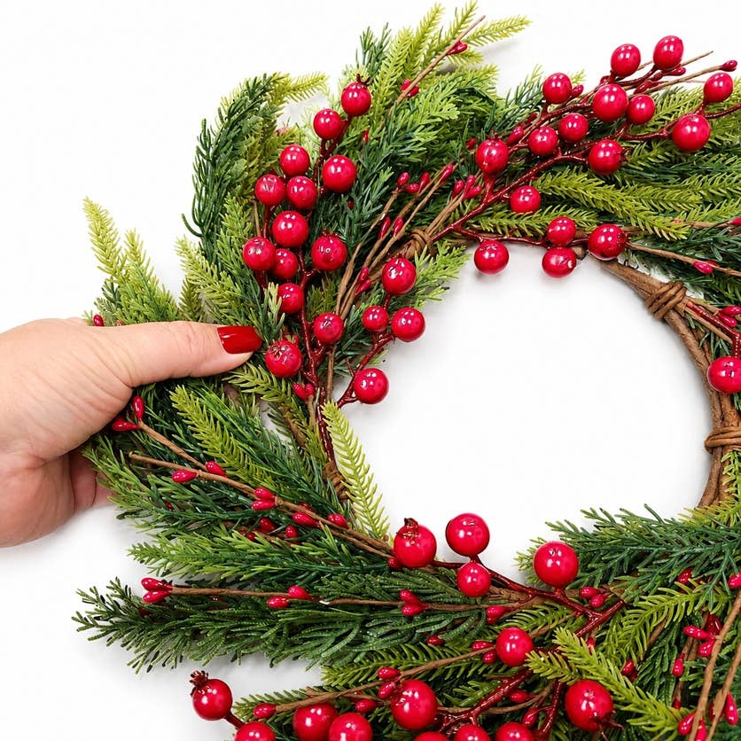 16″ Fir Pine and Red Berries Candle Ring or Wreath in green/red with festive greenery and bright red berries.