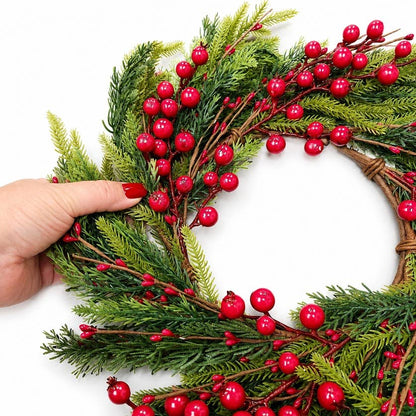 16″ Fir Pine and Red Berries Candle Ring or Wreath in green/red with festive greenery and bright red berries.
