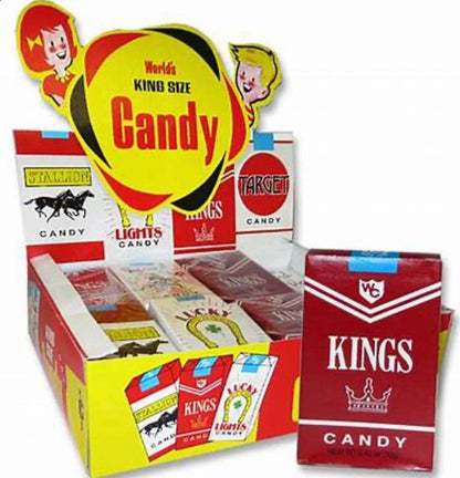 Old Fashioned Candy Cigarettes—classic candy sticks in "Kings," "Stallion," "Target," and "Lights" boxes. King size available.