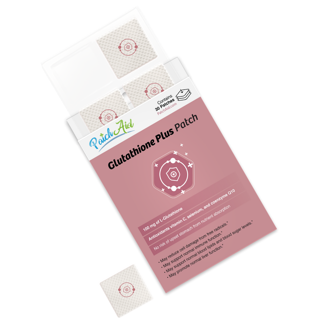 A pink box labeled “Glutathione Plus Patch - Antioxidant &amp; Detox Support: 1-Pack” by PatchAid, showing several small square patches and one patch outside the box. Only the 1-pack size is visible.