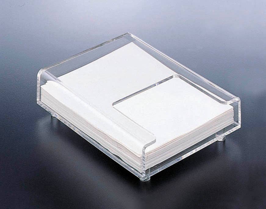 Clear, rectangular 4x6 memo pad holder with white note papers inside. Features an open top and front cutout for easy access. Perfectly complements acrylic desk accessories. Available size: 4x6 inches.