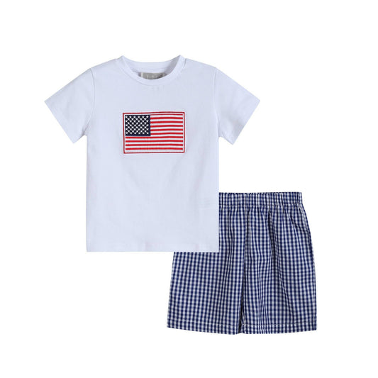 Royal Blue Gingham American Flag Shirt and Shorts Set for boys; flag graphic, gingham shorts. Sizes: 2T-6T.