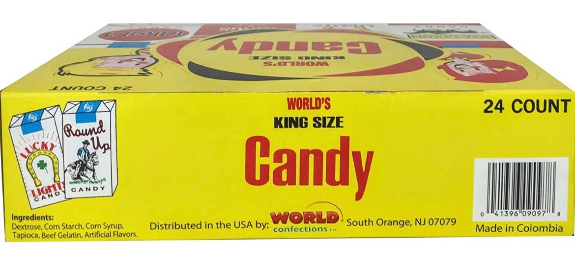 Yellow box of "Nostalgic Old Fashioned Candy Cigarettes" with retro cartoons; 24-stick size. Distributed by World Confections Inc.